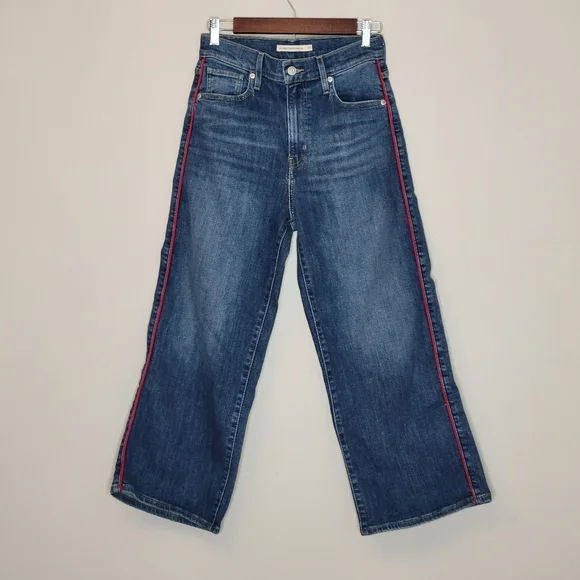 LEVIS MILE HIGH CROPPED WIDE LEGGED RED PIPING JEANS - Picture 2 of 8
